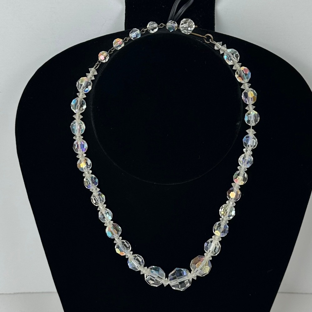 Vintage Aurora Borealis Crystal Graduated Bead Necklace Iridescent 16" Retro